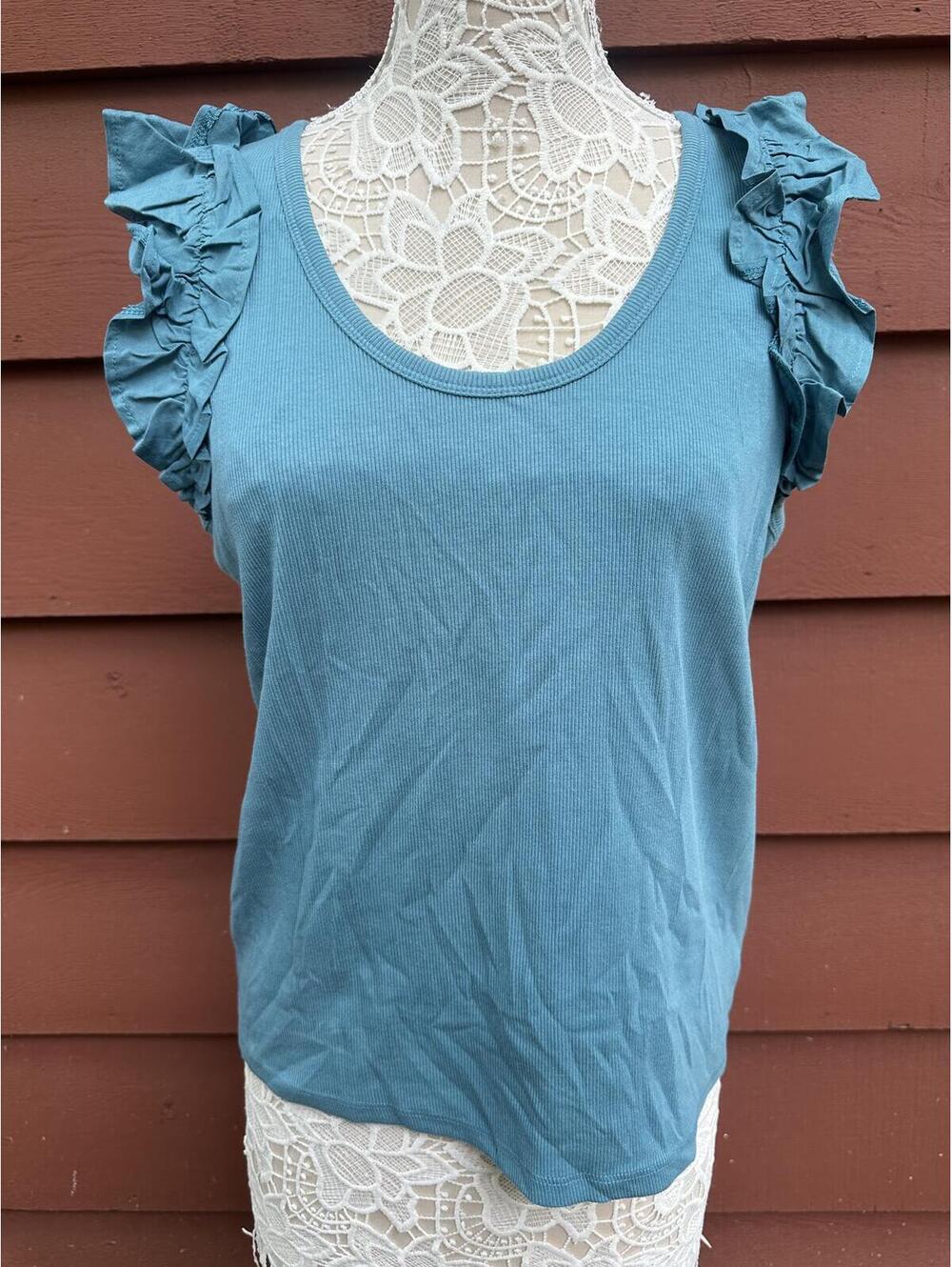 Old Navy Teal Ruffle Shoulder Tank Top